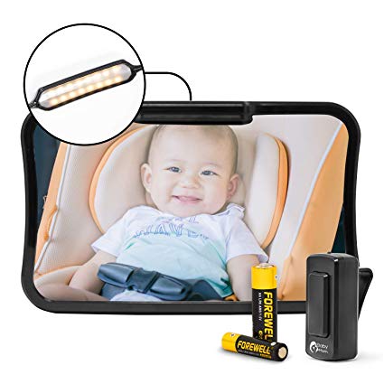 Baby & Mom Back Seat Baby Mirror with LED Lights and Remote Control - Rear View Baby Car Seat Mirror Made by Wide Convex Shatterproof Glass - Fully Assembled, Crash Tested and Certified for Safety