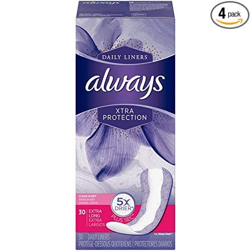 Always Xtra Protection Daily Liners, Clean Scent, Extra Long 30 ea (Pack of 4)