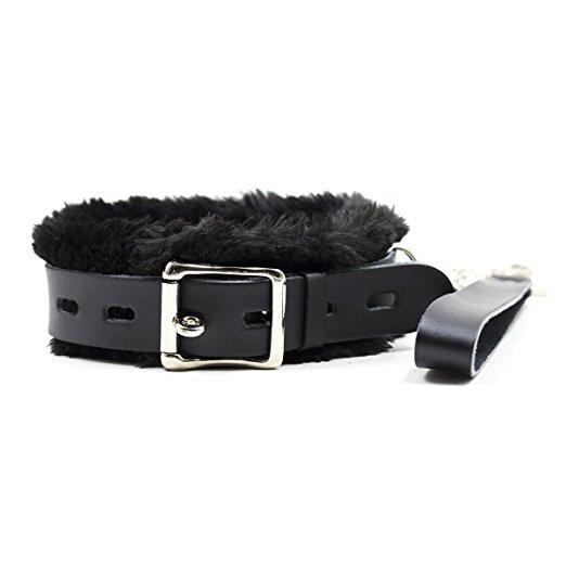HOT TIME Genuine Leather Restraints Choker Faux Fur Collar Lined with Steel D Rings with Detachable Leather Leash