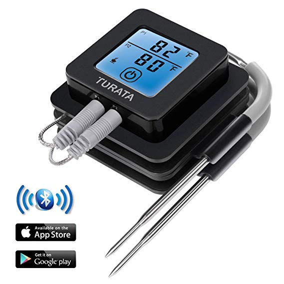 Bluetooth Thermometer, TURATA Meat Thermometer BBQ Grill Wireless Remote Digital Cooking Thermometer with 2 Steel Probes, Instant Reading, Magnetic Mounting, Alarm Monitor for Cooking, Kitchen, BBQ