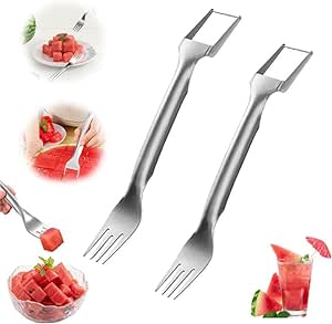 2-in-1 Watermelon Fork, 2024 New Watermelon Fork Slicer Cutter Slicer Tool,Stainless Steel Fruit Forks Slicer Knife for Family Parties Camping,Dual Head Fruit Forks Slicer Knife(2Pcs)