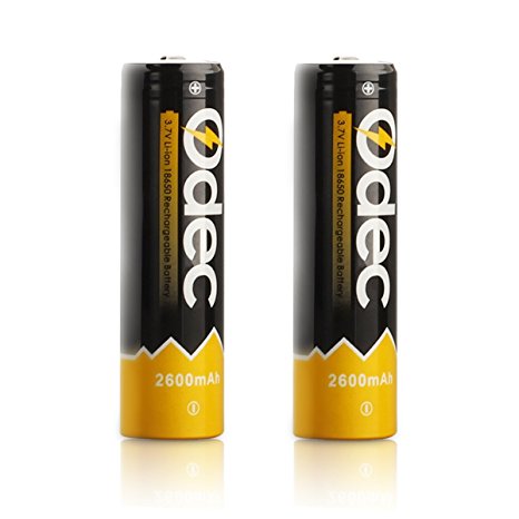 Odec 3.7V Li-ion Rechargeable 18650 Batteries, 2 Pack 2600mAh 18650 Battery