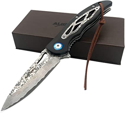 ALBATROSS Black Cool EDC Damascus Steel Folding Pocket Knife with Ebony Wood Handle for Camping Hiking Ideal Gifts Collections