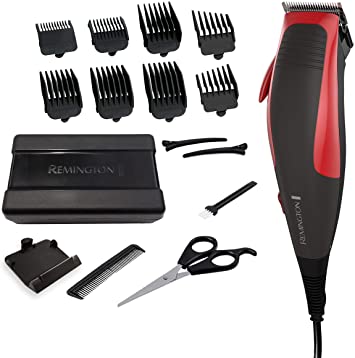 Remington HC1080CDN 16-Piece Hair Cutting Kit, Stainless Steel Blades, 8 Guide Combs - Includes Storage Case, Red/Black
