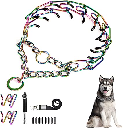 Dog Prong Traing Collar, ivienx Choke Pinch Collar for Dogs [2 Extra Links][Dog Whistle][Quick Release] with Martingale Chain and Rubber Caps, No Pull Dog Collar for Medium Large Breed Dogs