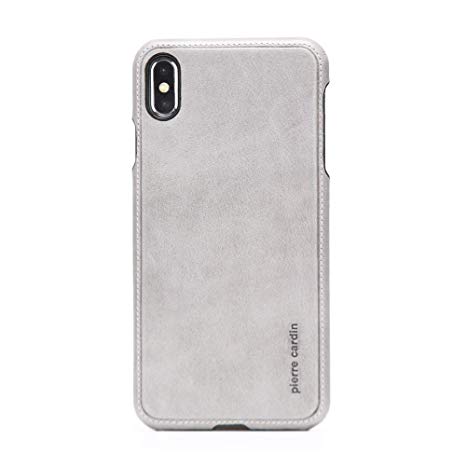 iPhone Xs Max Case, Pierre Cardin Premium Genuine Cow Leather with New Slim Design Hard Case Cover Fit for Apple iPhone Xs Max (Gray)