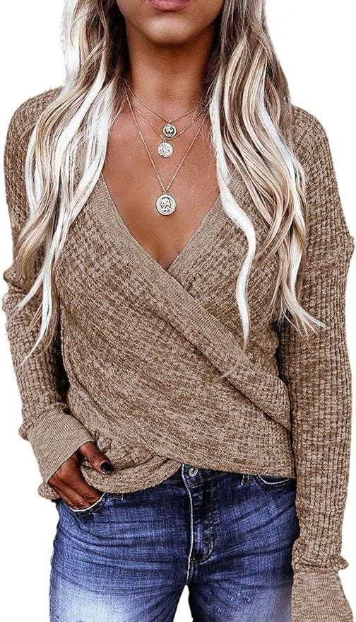 Dokotoo Womens 2023 Elegant Deep V Neck Wrap Long Sleeve Chunky Cable Knit Jumper Pullover Sweaters