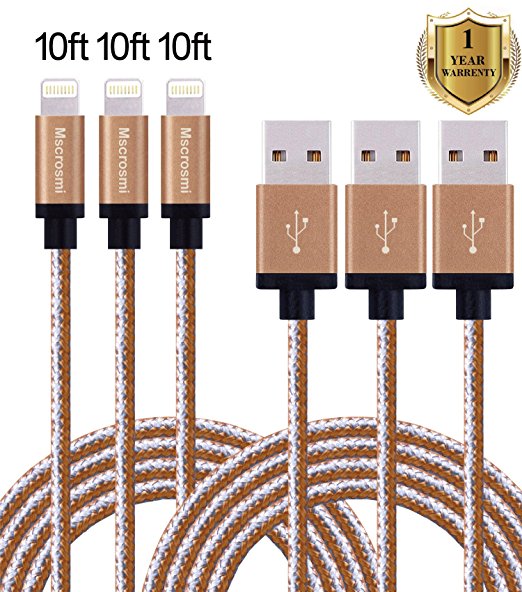 Mscrosmi Extremely Long 10FT 3Pack Apple Lightning Nylon Braided Charging Cord USB For iPhone 5/5s/5c/5se,6/6s,6/6s Plus, iPod, iPad Mini, iPad, iPad Air [gray & brown]