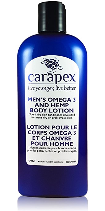 Carapex Omega 3 Hemp Body Lotion For Men, 98% Natural, Unscented, for Dry, Sensitive Skin, Non Greasy Formula, No Parabens, No Petrochemicals, 8oz 240ml