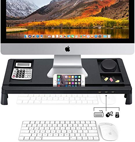 Monitor Riser Stand - Screen Riser for Computers, Laptops & TV - Desk Storage Organizer Designed for Home or Office with 3 USB Ports (Black)