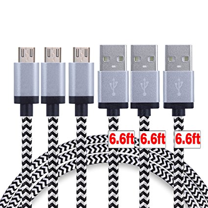 Micro USB Cable [6.6ft 3Packs]by Ailun,High Speed 2.0 A Male to Micro B Sync & Charging Nylon Braided Cable for Smartphone&Tablets [Silver]