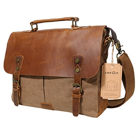 Lifewit 14-15.6 inch Laptop Messenger Bag Vintage Genuine Leather Canvas Briefcase Computer Satchel