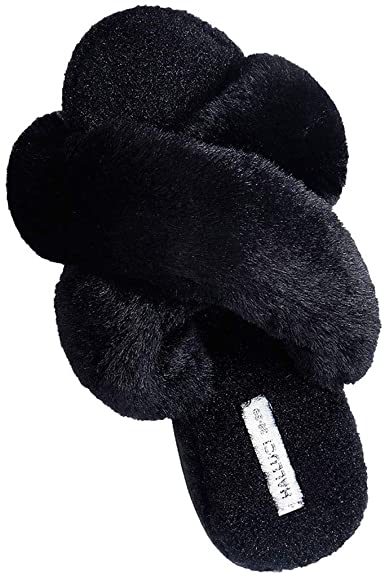 HALLUCI Women's Cross Band Soft Plush Fleece House Indoor or Outdoor Slippers