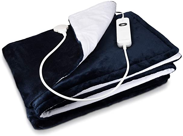 Navaris Electric Blanket - Double Size Heated Over Blanket with 3 Heat Settings and Auto Shut Off Timer - Plush Polyester Bed Throw (Blue/White)