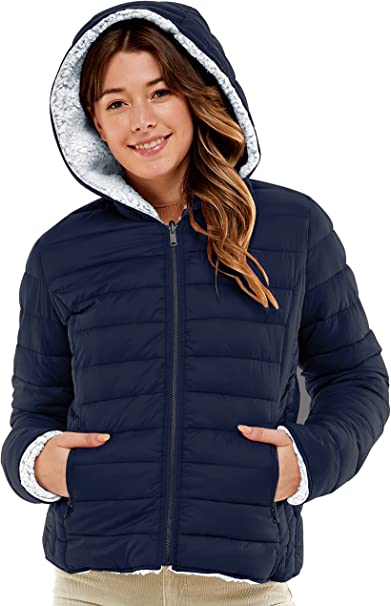 Love Tree Women's Reversible Sherpa Puffer Jacket - Fleece Hooded Sherpa Padded Outerwear Jacket