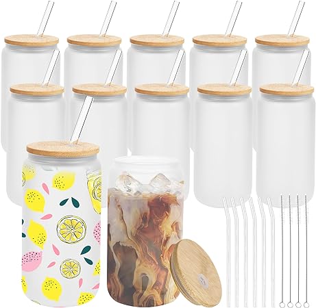 MOVNO 12 Pack Sublimation Cups - 16oz Frosted Glass Cups with Bamboo Lids and Straws Sublimation Glass Blanks Beer Can Shaped Cups Sublimation Glass Tumblers for Iced Coffee Juice Soda Drinks