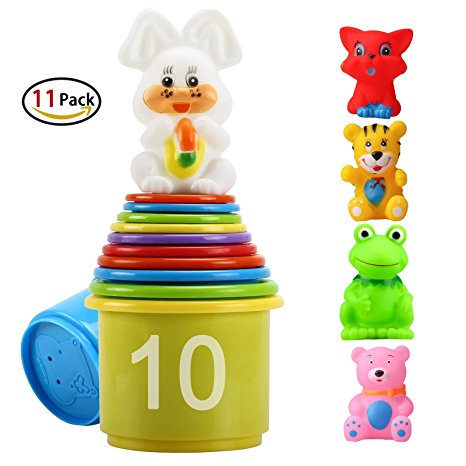 Stacking Cups Early Educational Toddlers Toy Bathtub Toys with Numbers & Animals Game for Kids Baby 11 Pack