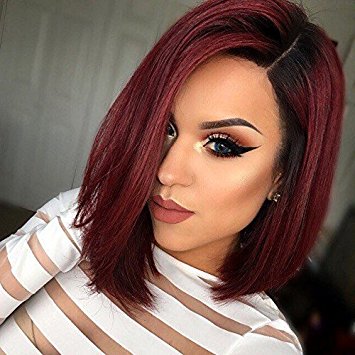 AISI HAIR Synthetic Bob Wig Ombre Short Wig Straight Red Wigs for Black Women Two Tone Dark Roots Wig Heat Resistant Fiber Wig ( Size:12 inch,Color: Red )