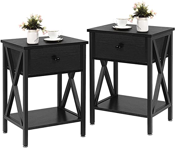 VECELO Modern Versatile Nightstands X-Design Side End Table Night Stand Storage Shelf with Bin Drawer for Living Room Bedroom, Set of 2, Matte Black