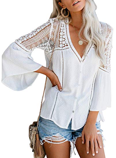 FARYSAYS Women's Lace Crochet V Neck Bell Sleeve Button Down Shirts Casual Loose Blouses Tops