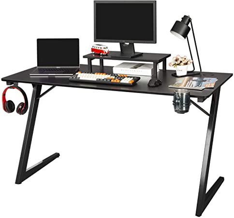 TOPSKY Gaming Desk Home Office Gaming Table with Cup Holder Headphone Hook Z Shaped Leg (140 * 60cm, All Black)