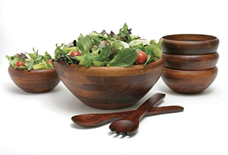 Lipper Dark Cherry Finished 7-Piece Salad Set with Large Bowl, 4 Small Bowls and Servers
