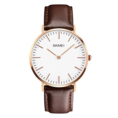 Men's Dress Wrist Watch Casual Classic Stainless Steel Quartz Wrist Business Analog Watch with 40mm Case, Replaceable Brown Leather Band and Thin Dial