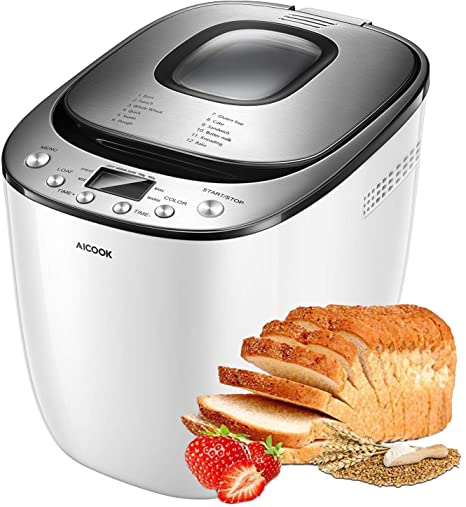 Bread Maker, AICOOK 2LB Automatic Bread Machine With Gluten Free Setting, LED Display, Nonstick Pan, 3 Crust Color & Keep Warm, Recipes