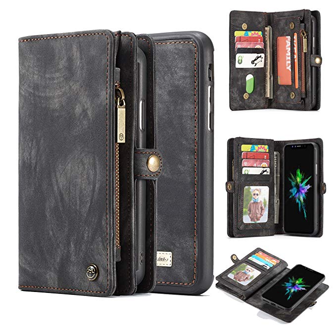 iPhone X/Xs Wallet Case,AKHVRS Handmade Premium Cowhide Leather Wallet Case,Zipper Wallet Case [Magnetic Closure]Detachable Magnetic Case & Card Slots for iPhone X/Xs - Black