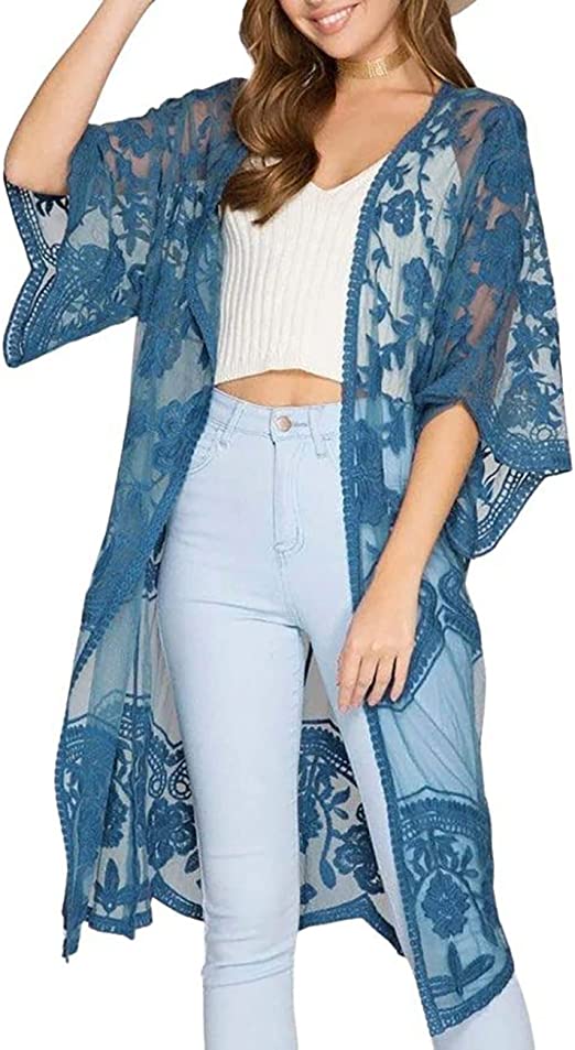 Bsubseach Women Sexy Open Front Beach Cover Up See Through Kimono Cardigan