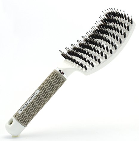 White Boar Bristle Hair Brush: Nylon Detangling Pins and 100% Natural Boar Bristles for Hair Oil Distribution. Curved for Scalp Massage. Vented For Faster Drying.