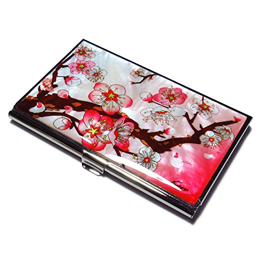 Business Credit Card Case Id Holder Metal Travel Wallet Mother of Pearl Apricot Tree Pink
