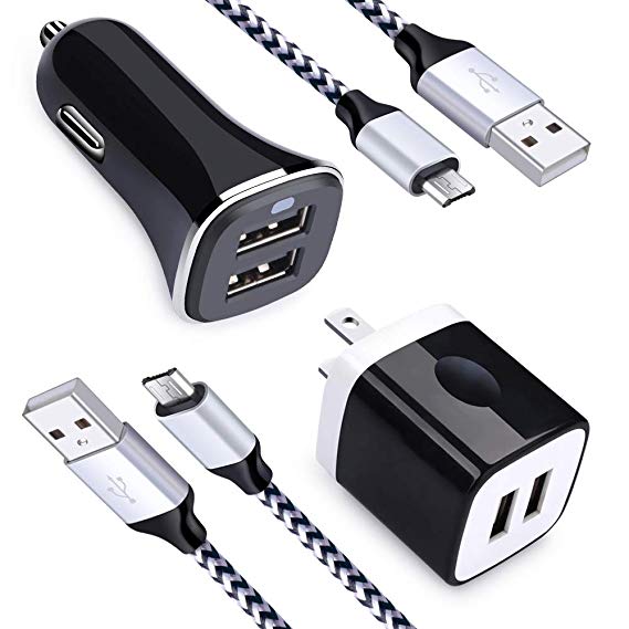 2.4A Dual Port USB Car Charger   2.1A Dual Port Wall Charger Block Brick   2Pack Micro USB Cable Charging Cord Phone Charger Compatible Samsung Galaxy S6 S7 Edge J3 J7 A6, LG Stylo 2/3, G3 G4 K20 K30