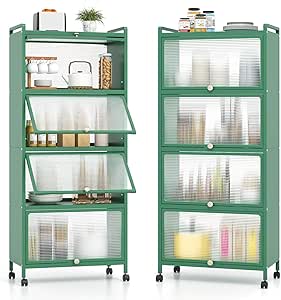 Giantex 5-Tier Kitchen Storage Cabinet, Mobile Microwave Stand with Flip-up PC Doors, Freestanding Kitchen Bakers Rack with 4 Rolling Casters, for Dining Room, Living Room and Study, Green