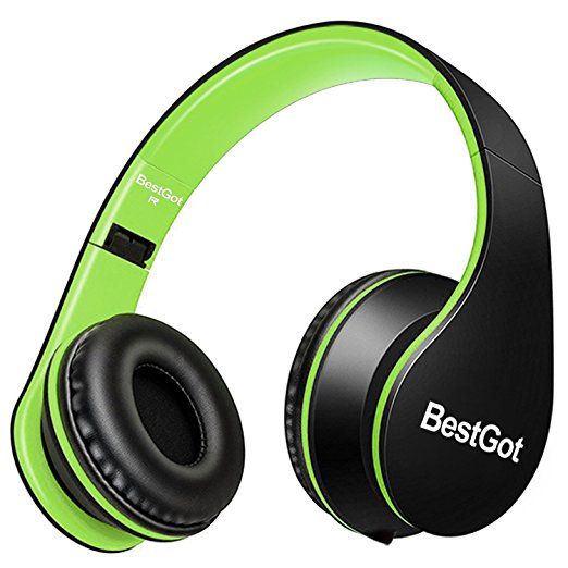 [Upgraded version] BestGot Wired Headphones Over Ear for Kids Boys Adult with Microphone In-line Volume With Transport Waterproof Bag Foldable Headphones with 3.5mm plug removable cord (Black/Green)