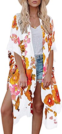 BB&KK Women's Boho Long Kimono Cardigans Chiffon Casual Open Front Cover Ups Tops