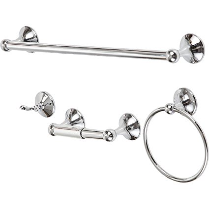 AVIANO 4 Piece Contemporary Bathroom Hardware Accessories Set With 24" Towel Bar (Chrome Finish)