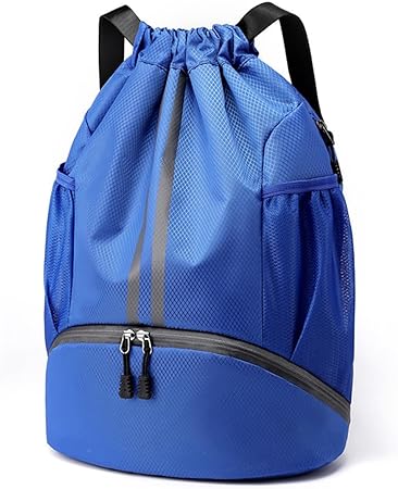 Valleycomfy Sports Drawstring Backpack - Water Resistant String Bag with Side Mesh Pockets Shoe Compartment Gym Backpack for Women & Men Blue