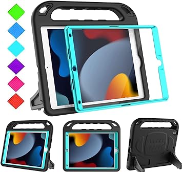 BMOUO Kids Case for iPad 9th/8th/7th Generation (2021/2020/2019), with Built-in Screen Protector, Shockproof Handle Stand Kids iPad 10.2 Case, Black and Turquoise