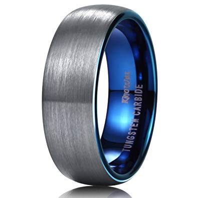 King Will DUO 7mm Blue Domed Tungsten Carbide Wedding Band Ring Brushed Polish Finished Comfort Fit