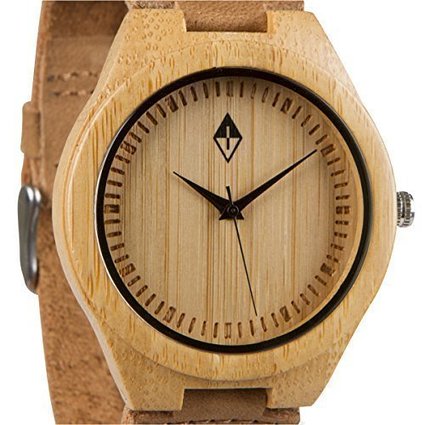 Woodgrain Bamboo Wooden Watch with Genuine Brown Cow Leather Strap Quartz Analog Casual Wood Watches