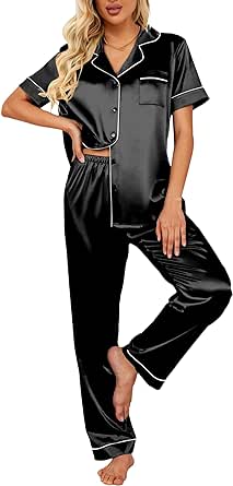 Ekouaer Silk Satin Pajamas Set Women Short Sleeve Sleepwear Soft Button Down Loungewear Pjs Set