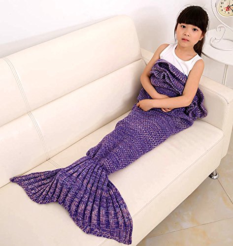 Mermaid Tail Blanket for Kids and Adult,Hand Crochet Snuggle Mermaid,All Seasons Seatail Sleeping Bag Blanket by Jr.White (Kids-Purple)