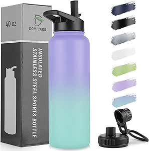 DOMICARE 40 oz Insulated Water Bottle, Vacuum Insulated Stainless Steel Sports Water Bottle with Straw Lid & Spout Lid, Leakproof, Reusable - Travel, Camping, Bike, Purple Green Gradient