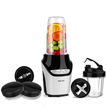 BESTEK 1000 Watts Juice Blender Personal Fruit Mixer Grinder with Glass Jar and Chopper, Silver