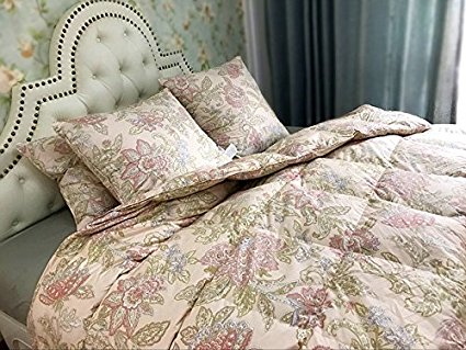 Floral Goose Down & Feather Comforter Blanket 100% Organic Cotton Cover For Summer Spring, Light Weight,600+FP,Full/Queen 90x90inch