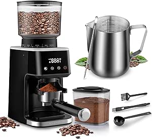 Zulay Adjustable Espresso Grinder - Anti-Static Commercial Burr Coffee Grinder and 12oz Stainless Steel Milk Frothing Pitcher