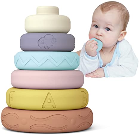 Mini Tudou 6 PCS Baby Stacking & Nesting Toys, Soft Stacking Blocks Ring Stacker, Baby Montessori Sensory Toys w/ Letter, Animal and Shape, Early Learning Toys for Babies Toddlers Kids 6 Months(Candy)