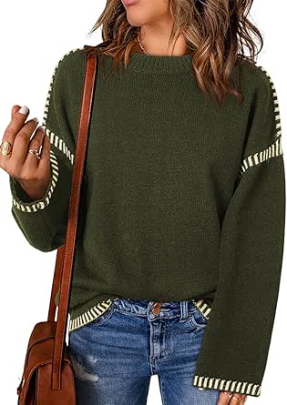 Dokotoo Sweaters for Women Fashion Solid Crewneck Loose Fit Long Sleeve Contrast Cable Knit Pullover Sweater Jumper Tops