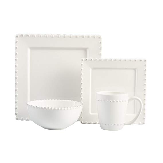 American Atelier 1567023-RB Bianca Bead 16-Piece Ceramic Square Dinnerware Set -4 Dinner & 4 Salad Plates, 4 Bowls, 4 Mugs – Gift for Special Occasion, Party, or Birthday, White